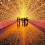 People walking through lighted tunnel.